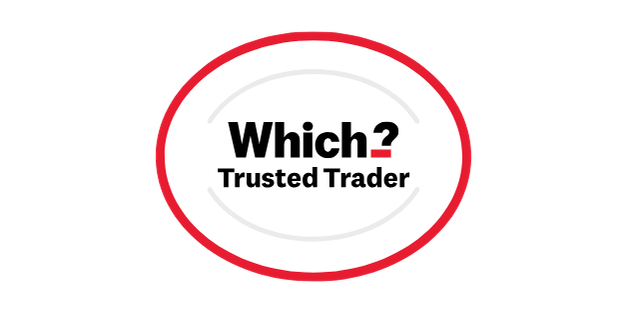 Logo for Which? Trusted Trader with black and red text on a white background, enclosed in a red oval.