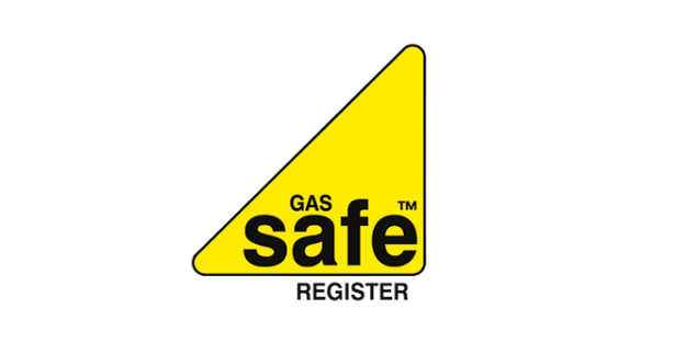 Gas Safe Register logo with a yellow triangle and black text on a black background.