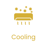 Icon of an air conditioning unit with air and snowflakes, representing cooling.