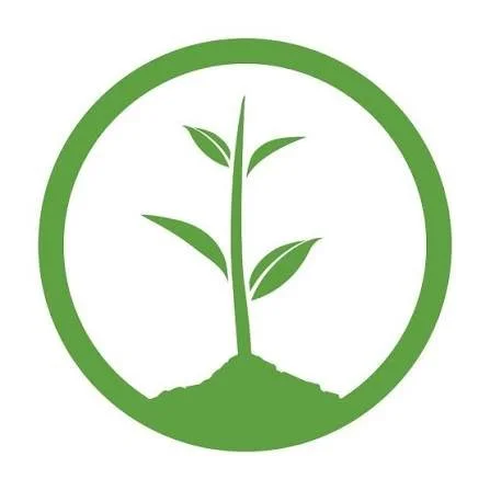 Green emblem with a sprouting plant inside a circular border.