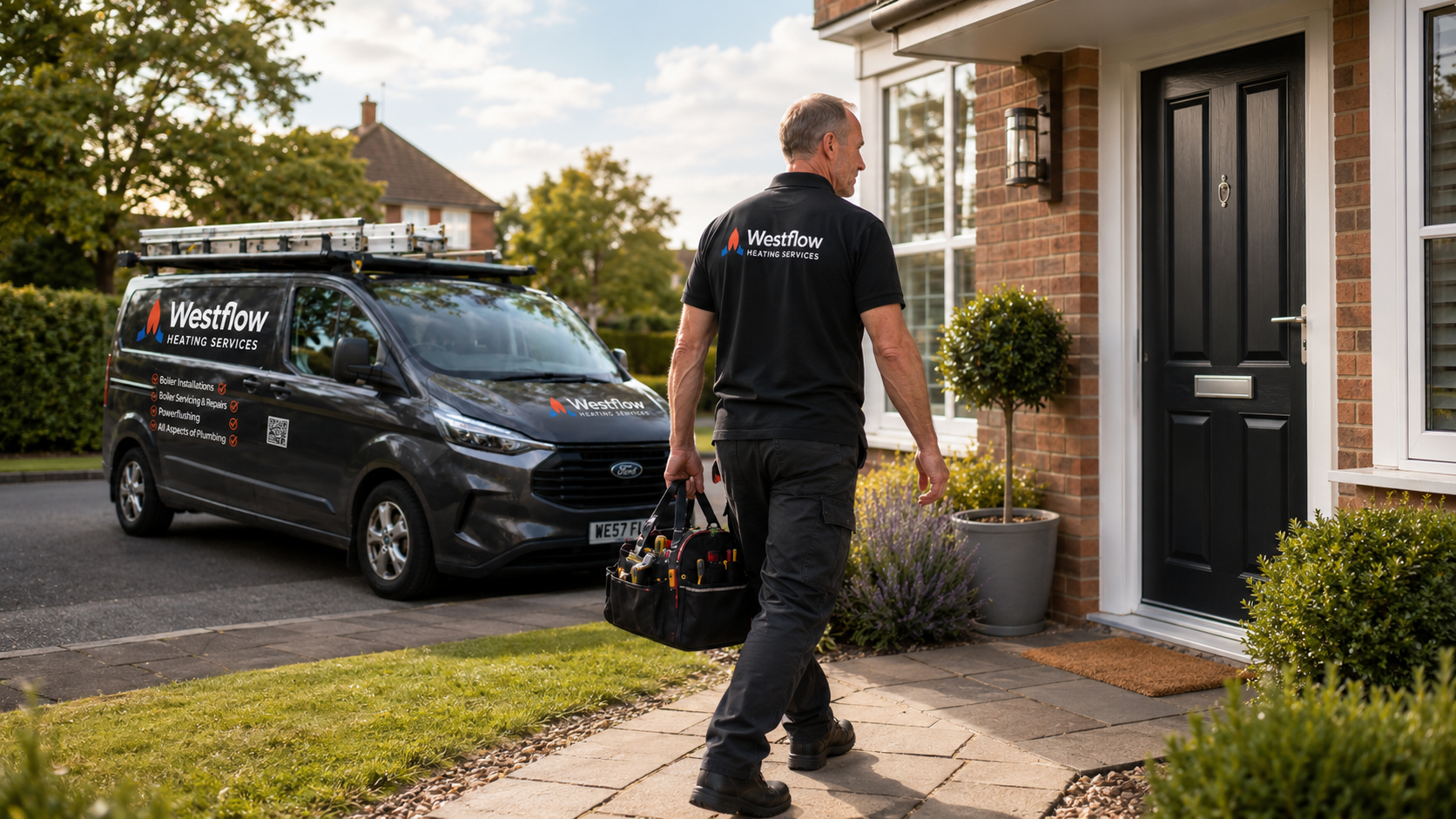 A male heating technician walking towards a house front door carrying a tool bag, with a Westflow Heating Services van parked outside on a suburban street.
