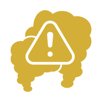 Warning sign with exclamation mark inside a triangle, overlayed on a cloud of dust or fumes.