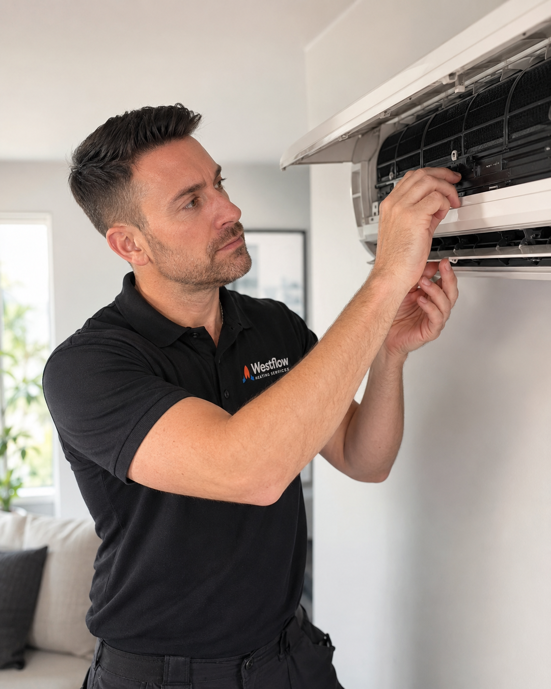 A technician inspecting an air conditioning unit mounted on a wall.