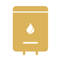 Gold-colored water heater with a flame logo