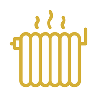 A gold-colored illustration of a heated radiator with steam rising from it.