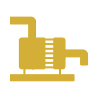 A stylized illustration of a computer server or network switch in gold color