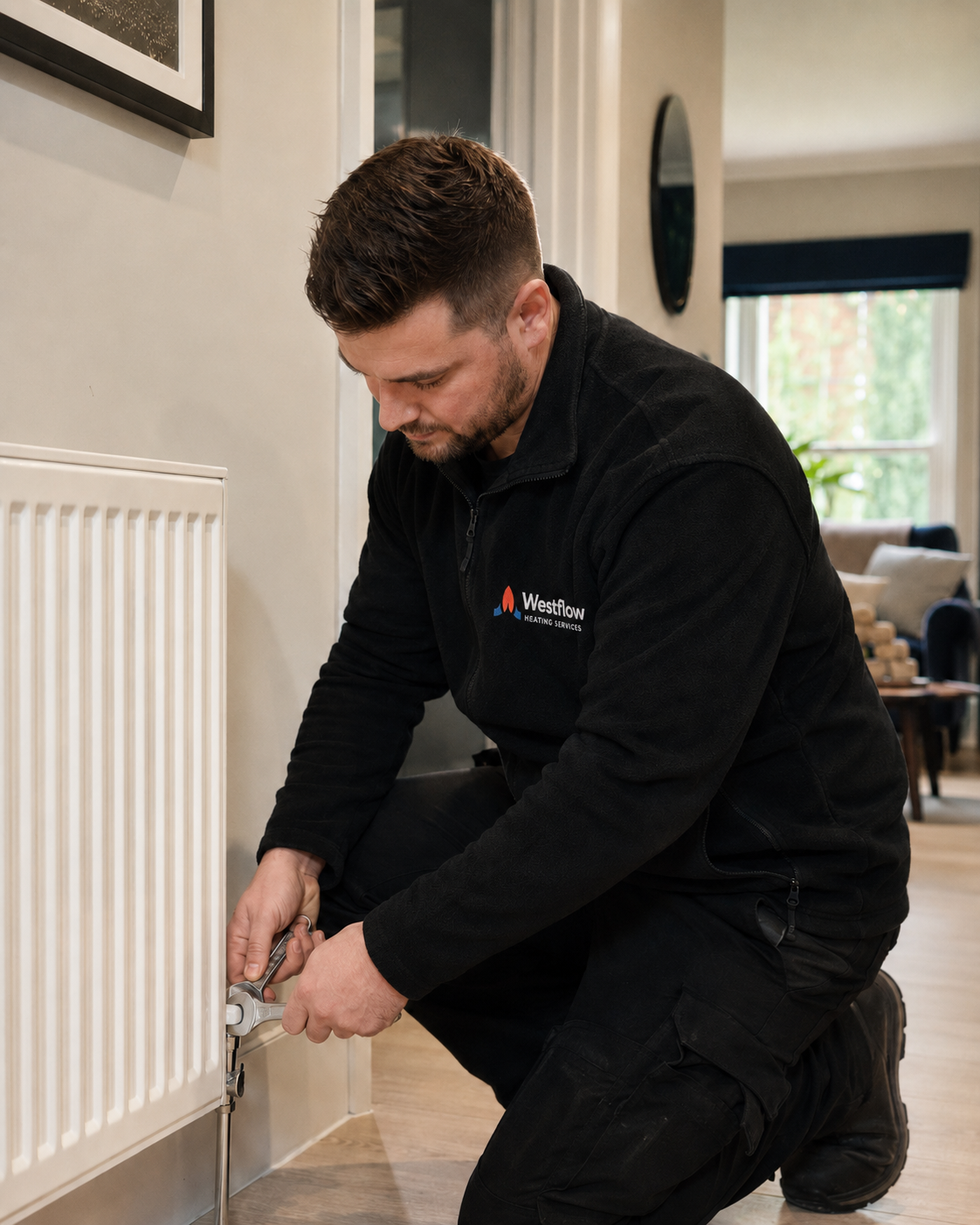 A technician kneeling on the floor tightening a radiator valve in a living room.