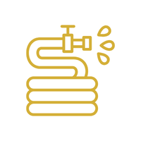 A yellow illustrated garden hose with a spray nozzle, shown coiled with water droplets coming out