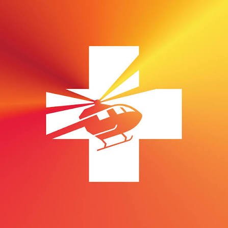 A logo featuring a white cross with a helicopter silhouette in the center, set against a red and yellow gradient background.