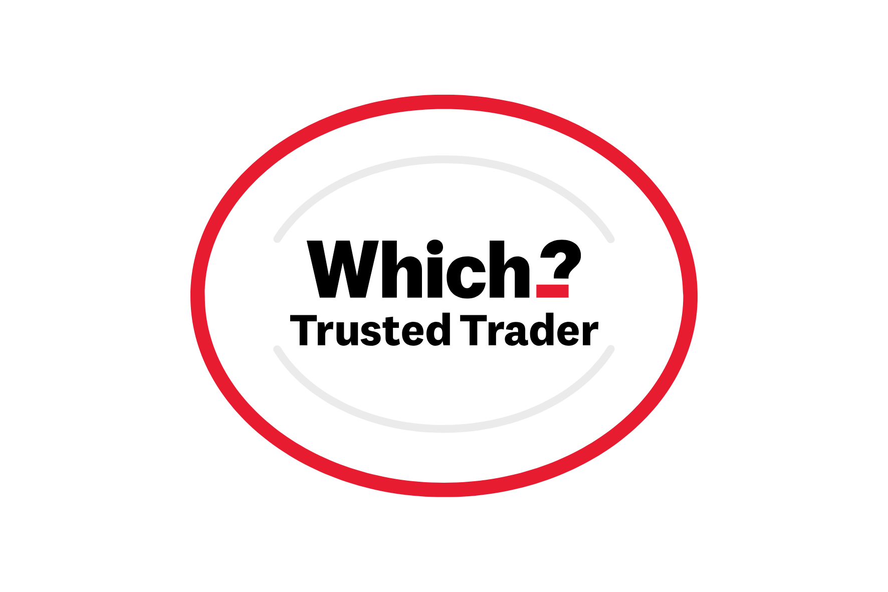 Question asking which trader is trusted, encircled by a red and gray circle, with the words 'Which? Trusted Trader' inside.