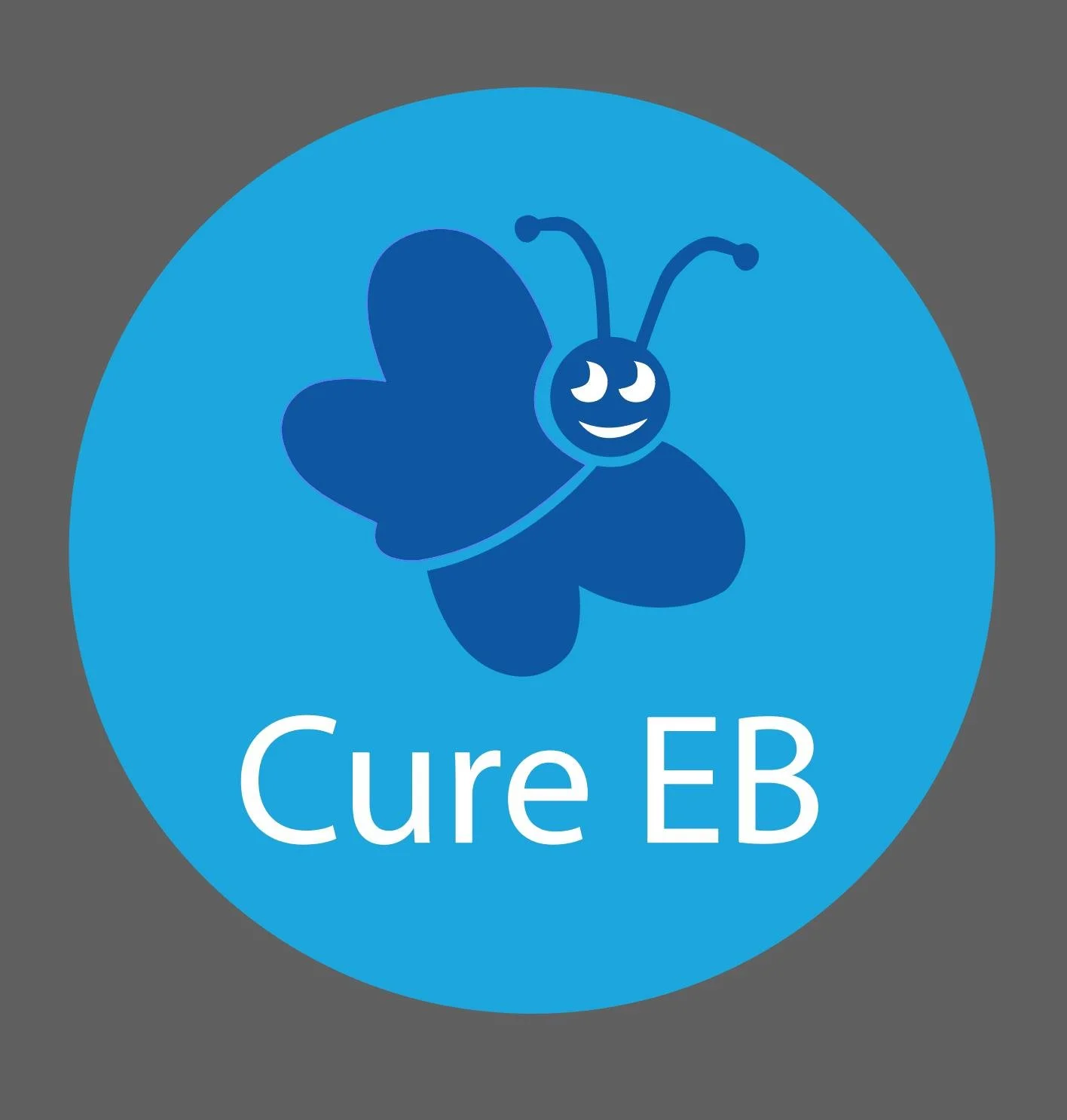 A cartoon blue butterfly with a smiling face over the text 'Cure EB' on a blue circular background.