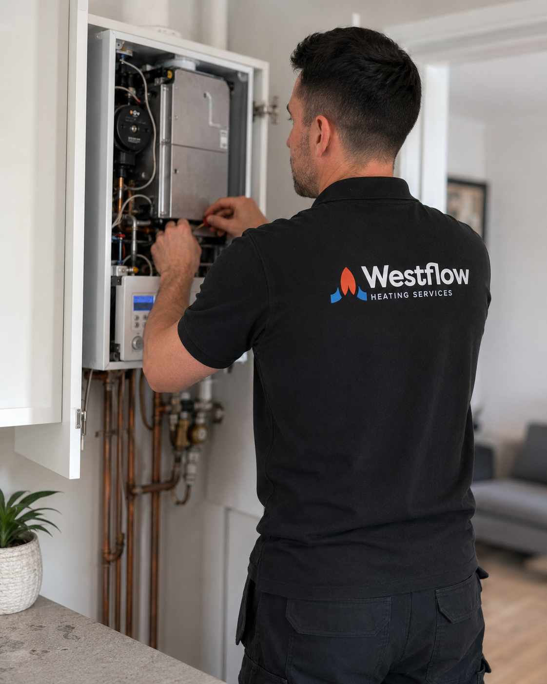 A technician wearing a 'Westflow Heating Services' shirt working on a wall-mounted heating system or boiler, inspecting or repairing it.