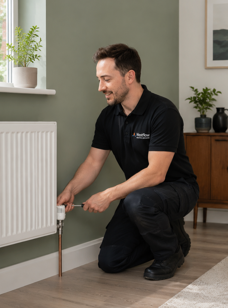 A handyman in a black WestFlow uniform installing or repairing a radiator with a wrench in a home interior.