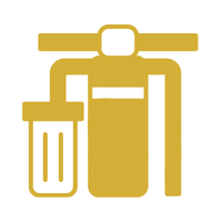 A gold-colored illustration of a water filter attached to a faucet, with a glass of water underneath.