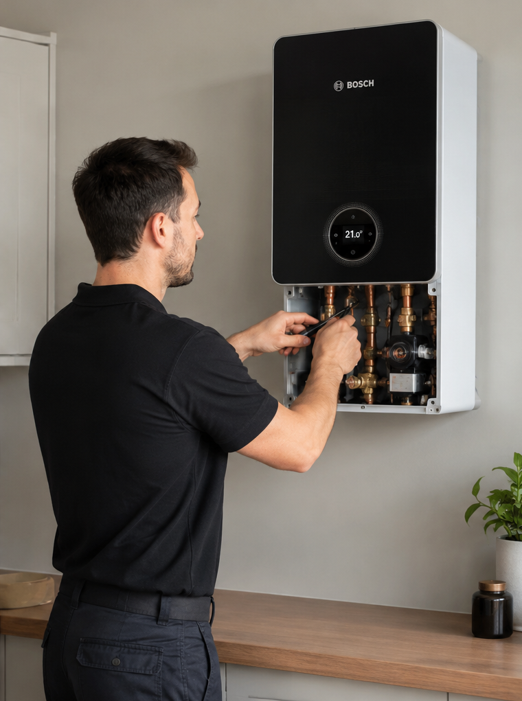 A man installing or repairing a Bosch tankless water heater mounted on a wall in a home or utility room.