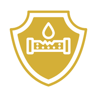 A golden shield emblem featuring a droplet above a horizontal bar with circular ends.