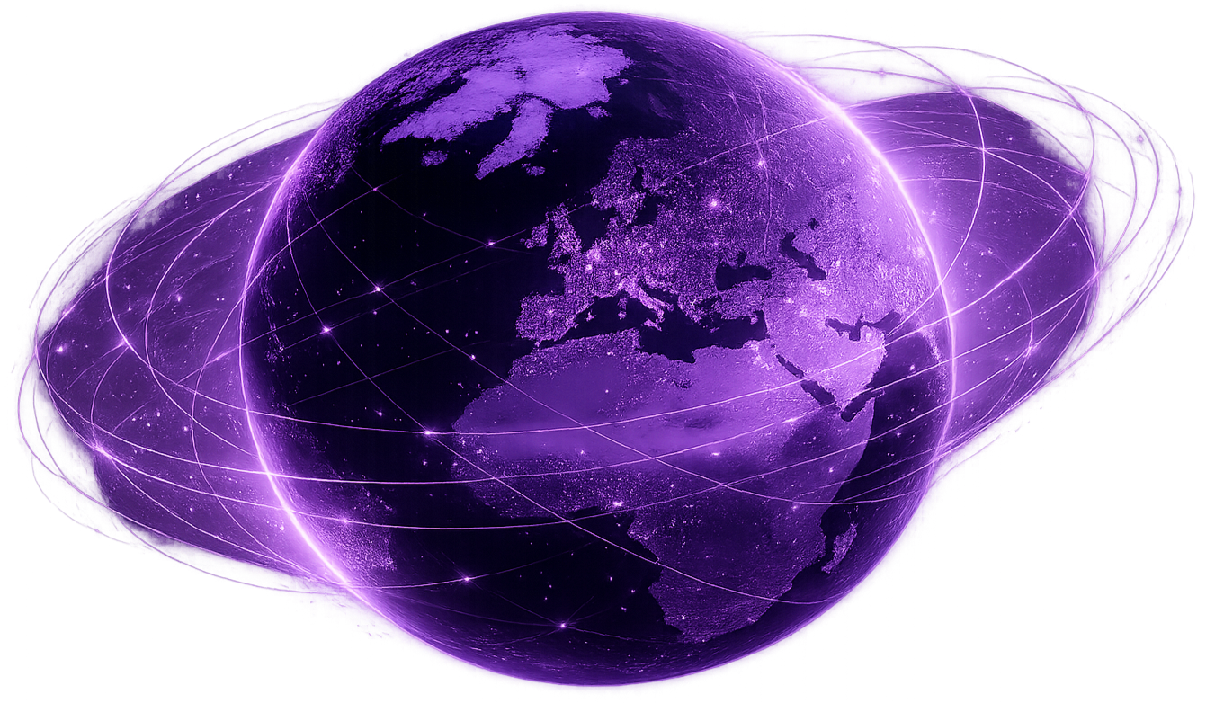 Digital illustration of Earth, surrounded by glowing purple lines representing global connectivity and networks.