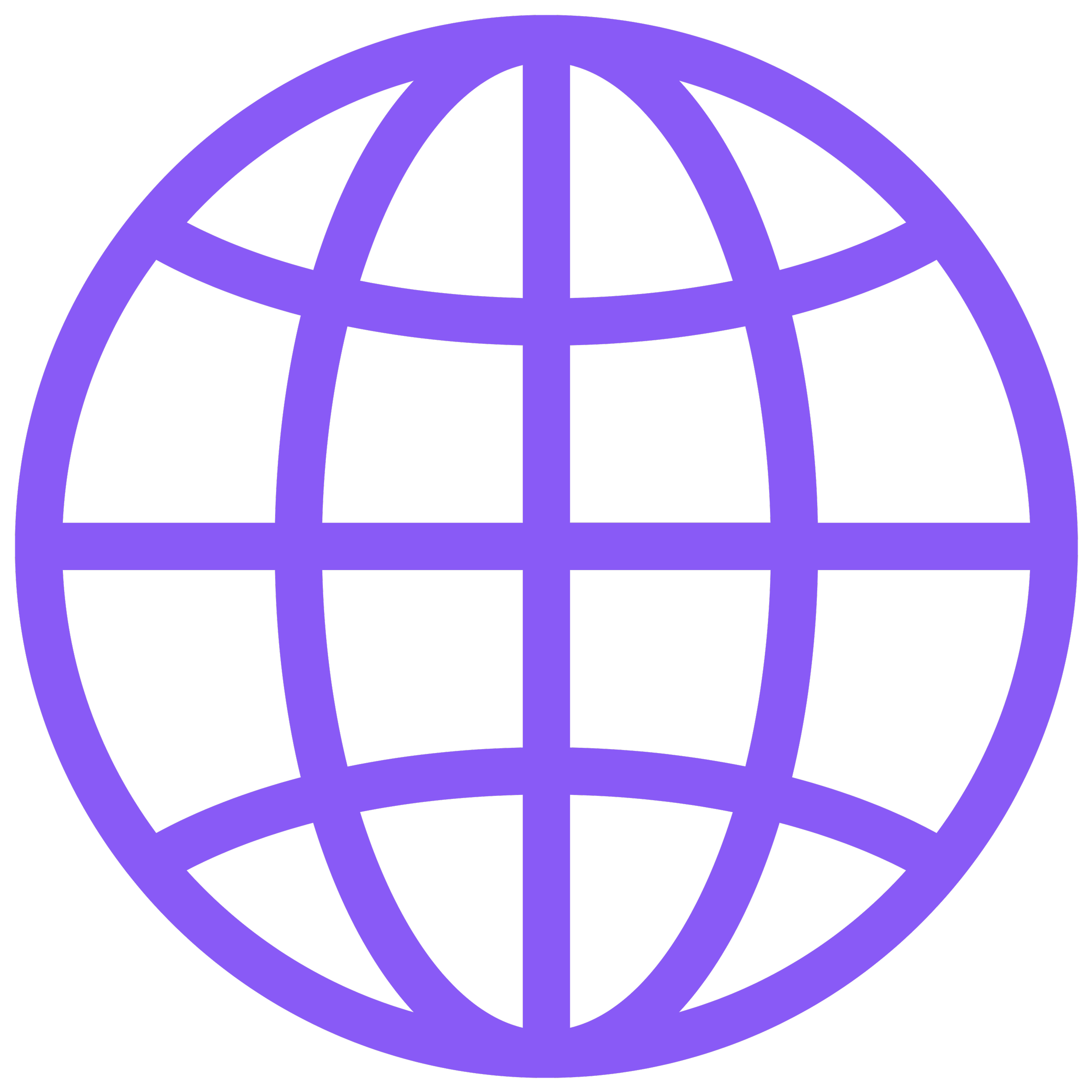 A purple neon-style globe icon on a black background.