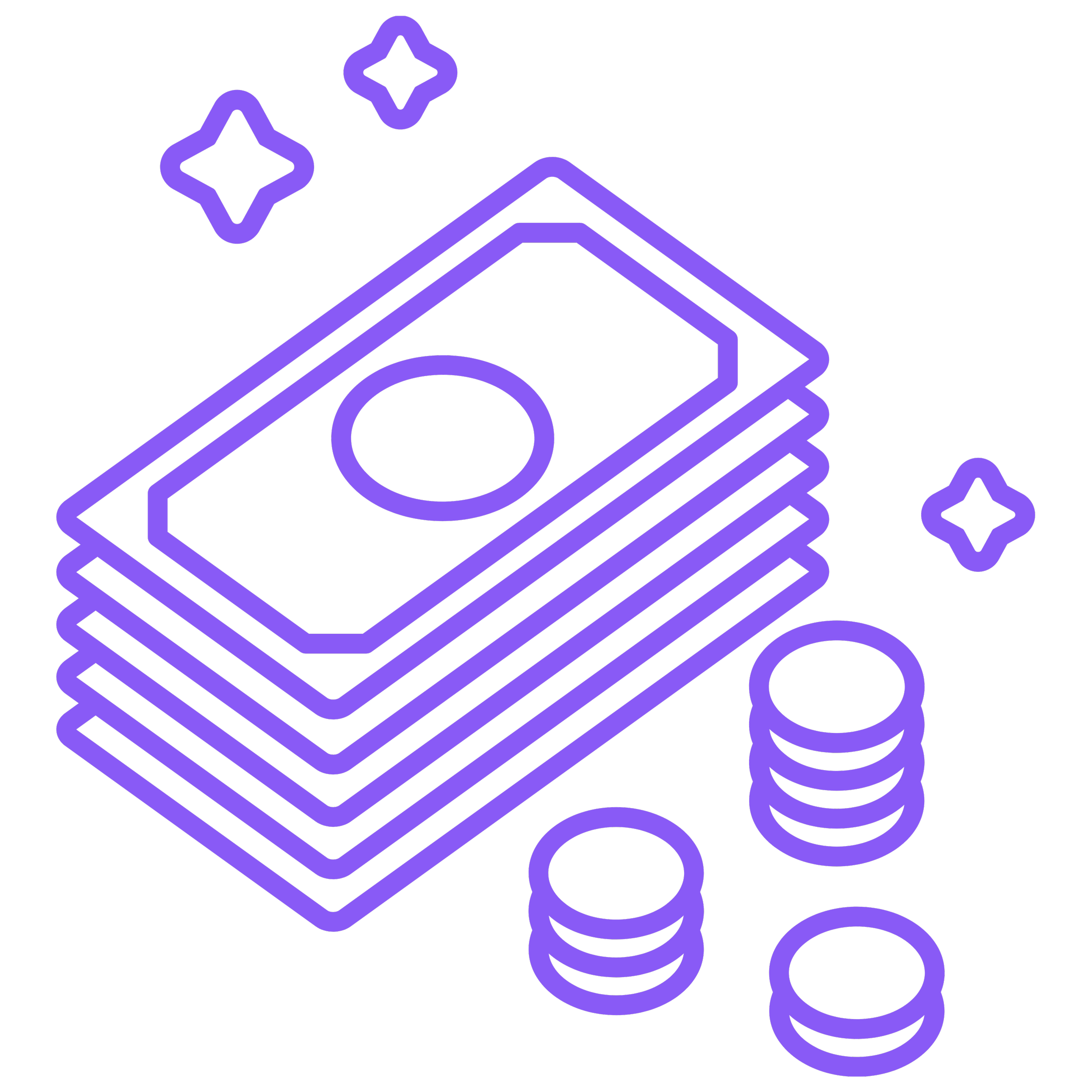 Neon outline of a credit card, two stars, a coin, and a stack of banknotes on a black background.