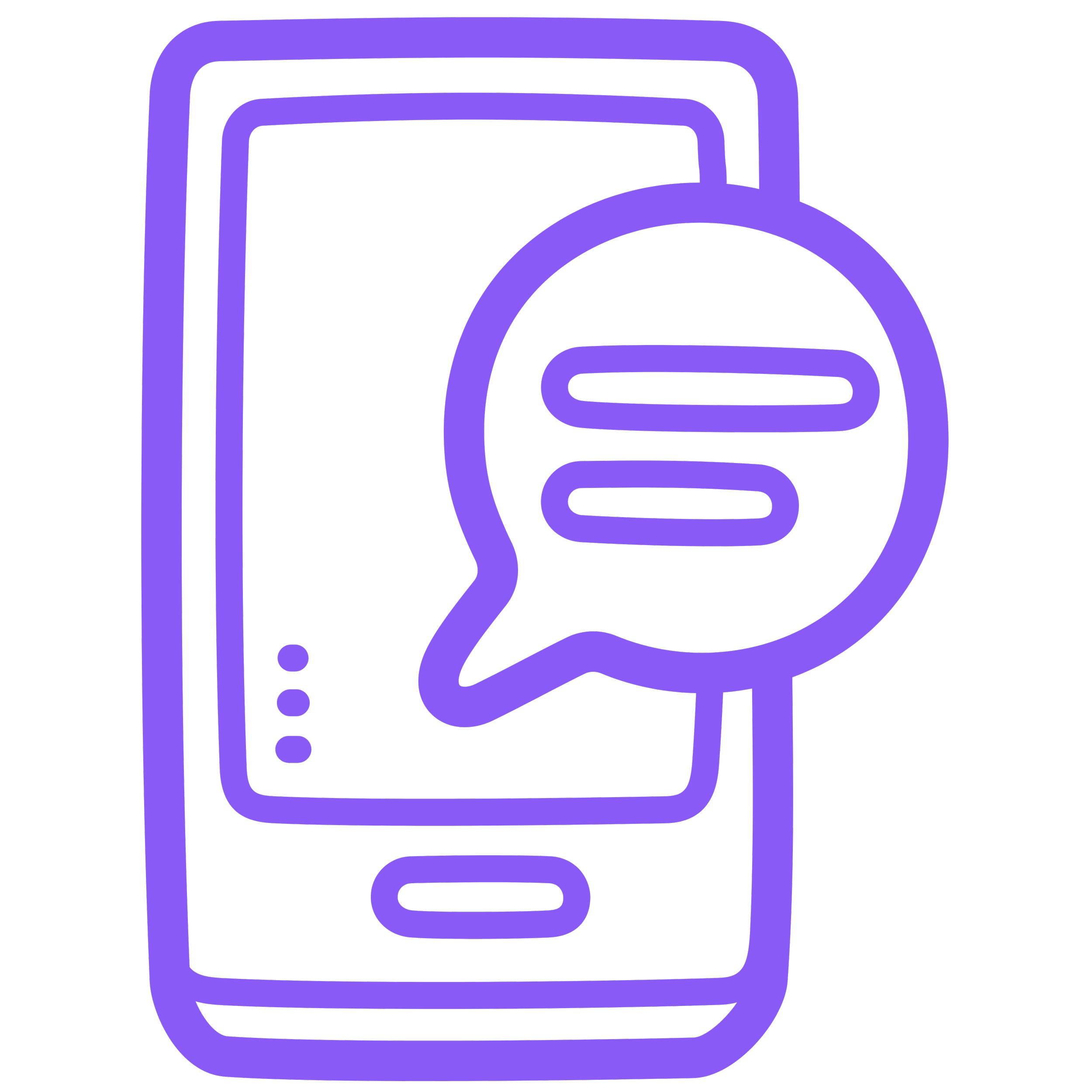Outline of a phone in purple on a black background.