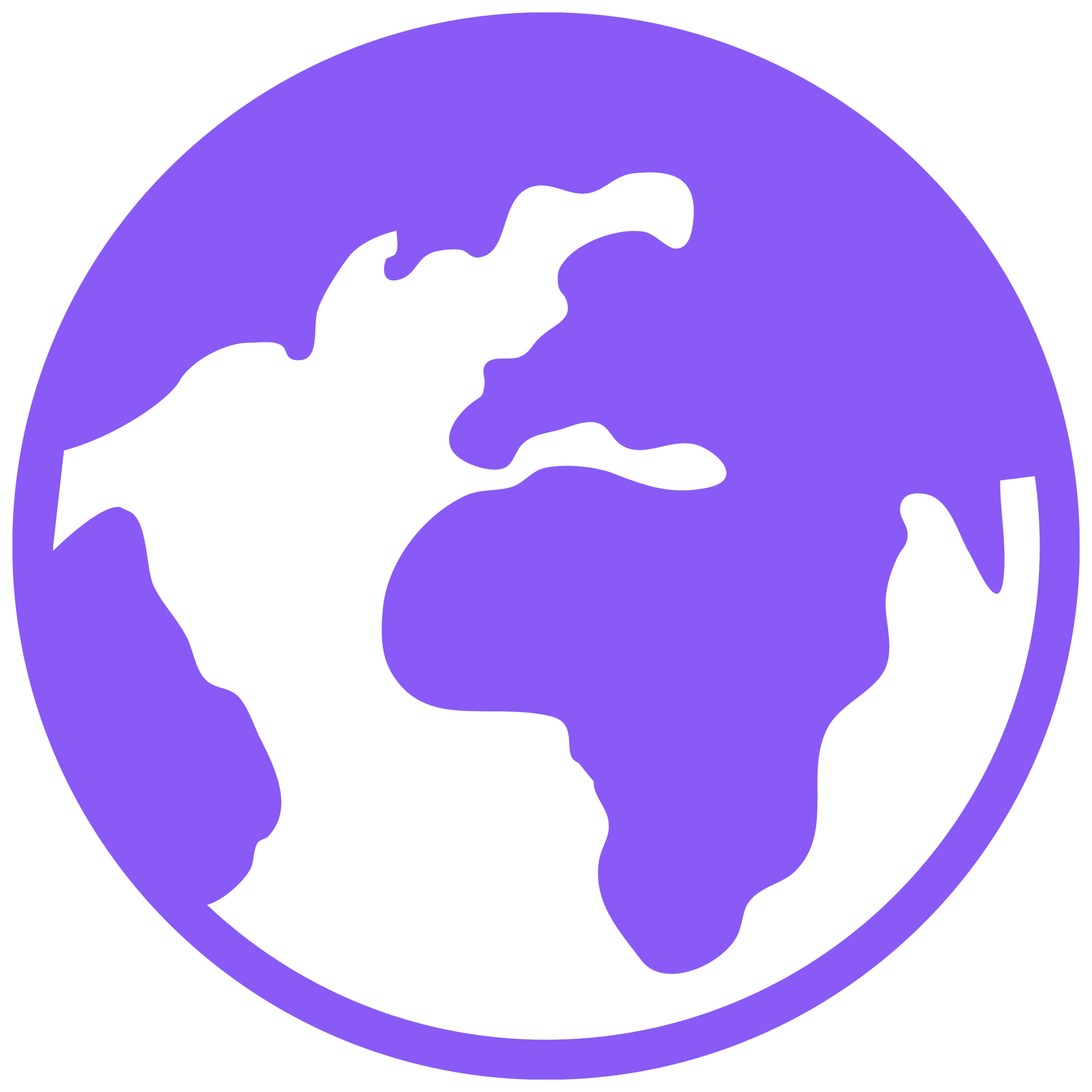 A stylized illustration of a globe silhouette, in purple colour on a black background.