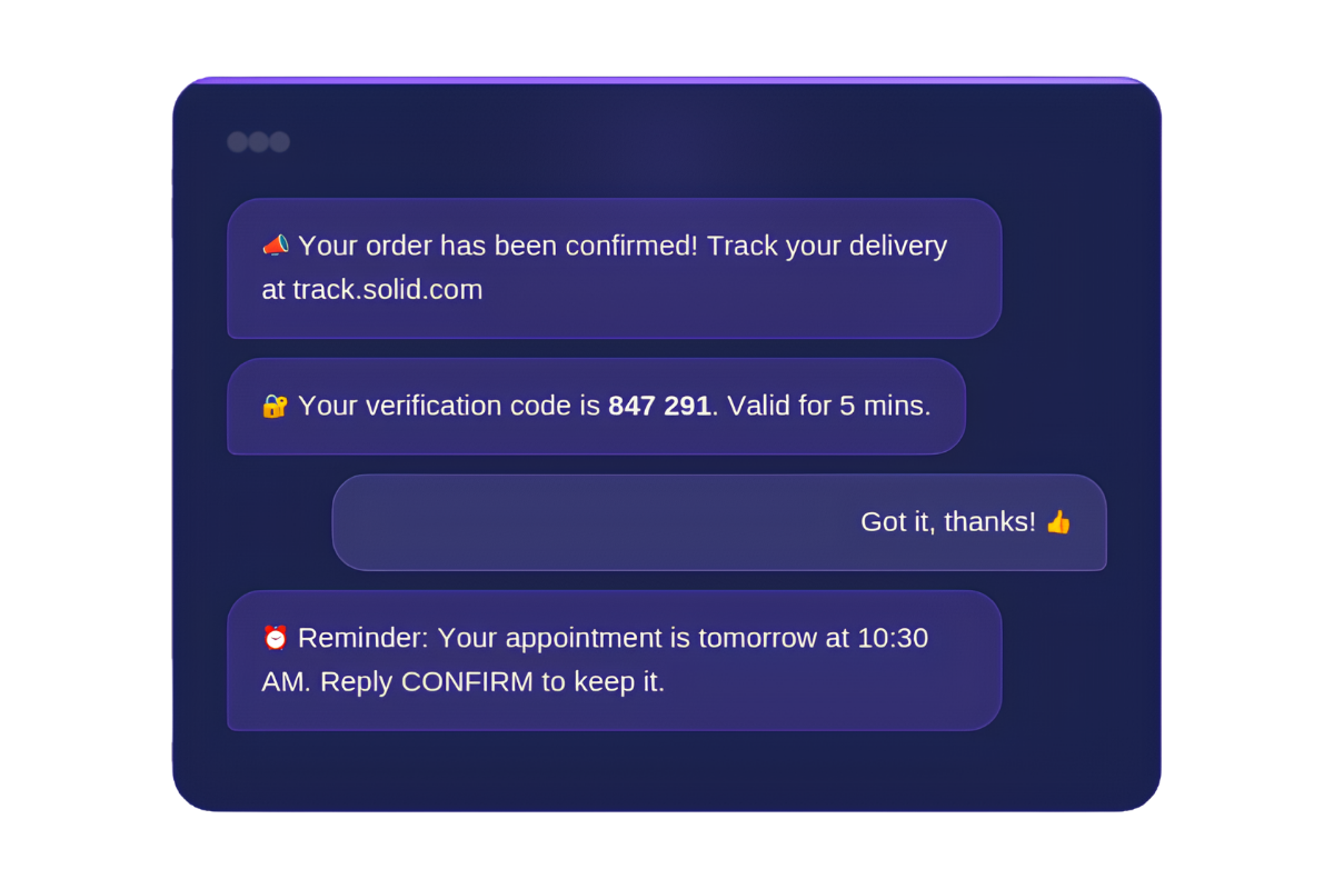 Screenshot of a digital message interface confirming an order, providing a tracking link, a verification code, and a reminder for an appointment.