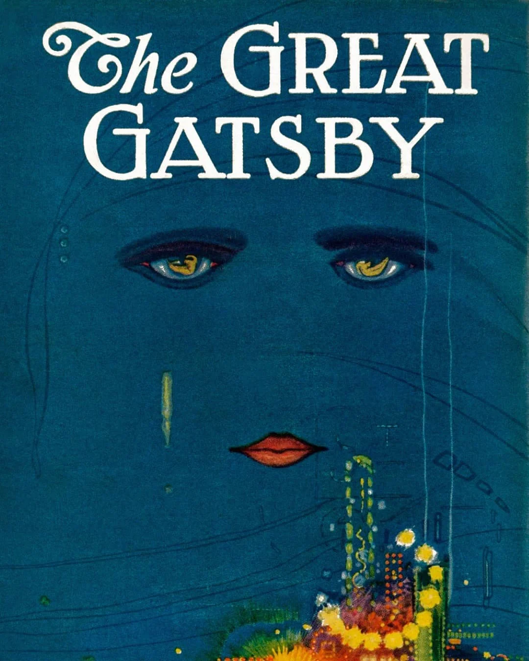 Book cover of 'The Great Gatsby' featuring a stylized image of a face with blue background, abstract colorful shapes at the bottom, and the title in white text.