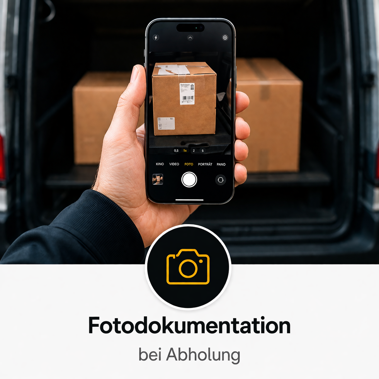 Hand hält Smartphone und fotografiert ein Paket bei Abholung im Kofferraum eines Fahrzeugs.