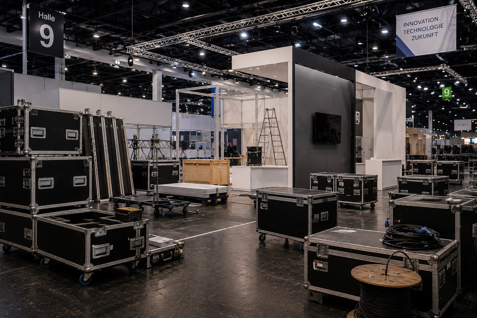 Leerer Messestand in Halle 9 mit zusammengepackten Bühnen- und Veranstaltungstechnik-Equipment auf schwarzen Transportkisten bei einer Messevorbereitung.