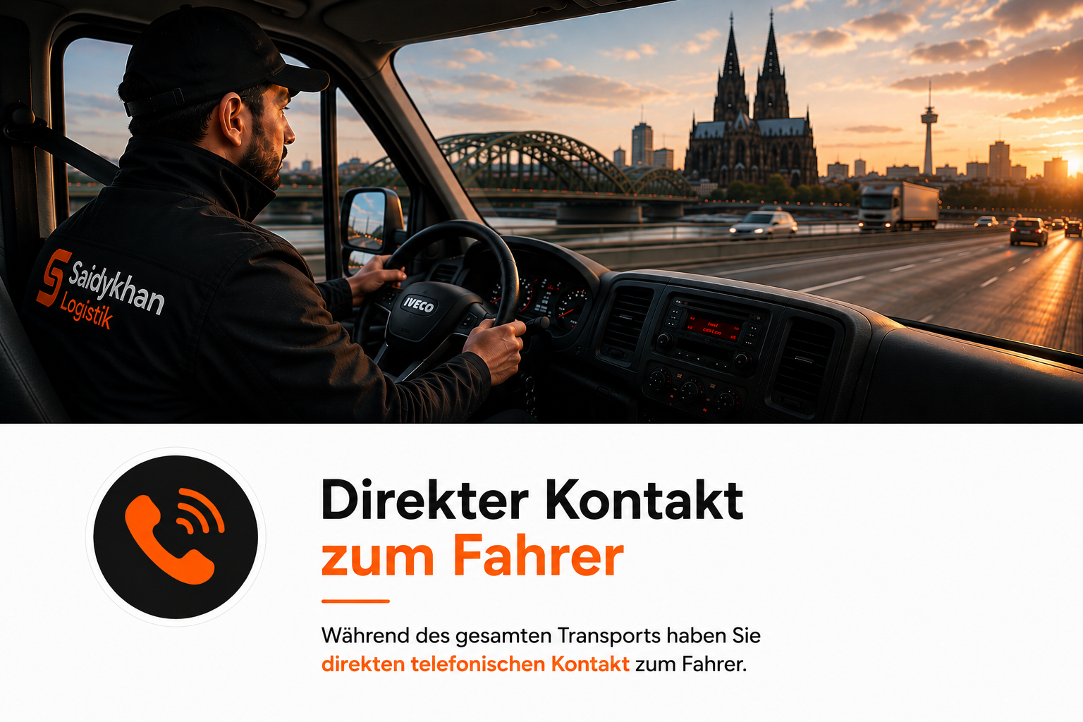 Ein Fahrer fährt ein Lastwagen während eines Sonnenuntergangs in der Stadt, mit einer Kirche und einer Brücke im Hintergrund, und trägt eine Jacke mit dem Logo "Saidykhan Logistik".
