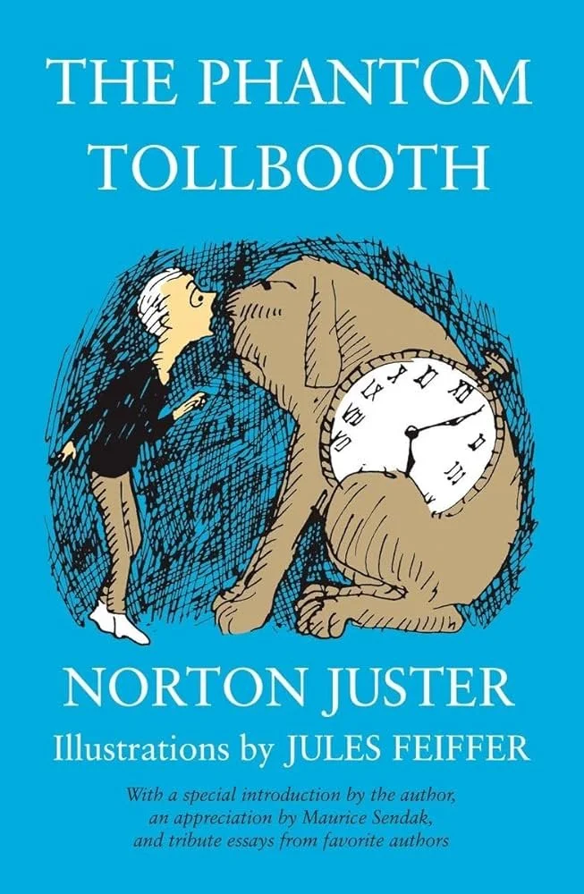 Book cover of 'The Phantom Tollbooth' by Norton Juster, illustrated by Jules Feiffer, featuring a boy and a large dog with a clock face on its side.