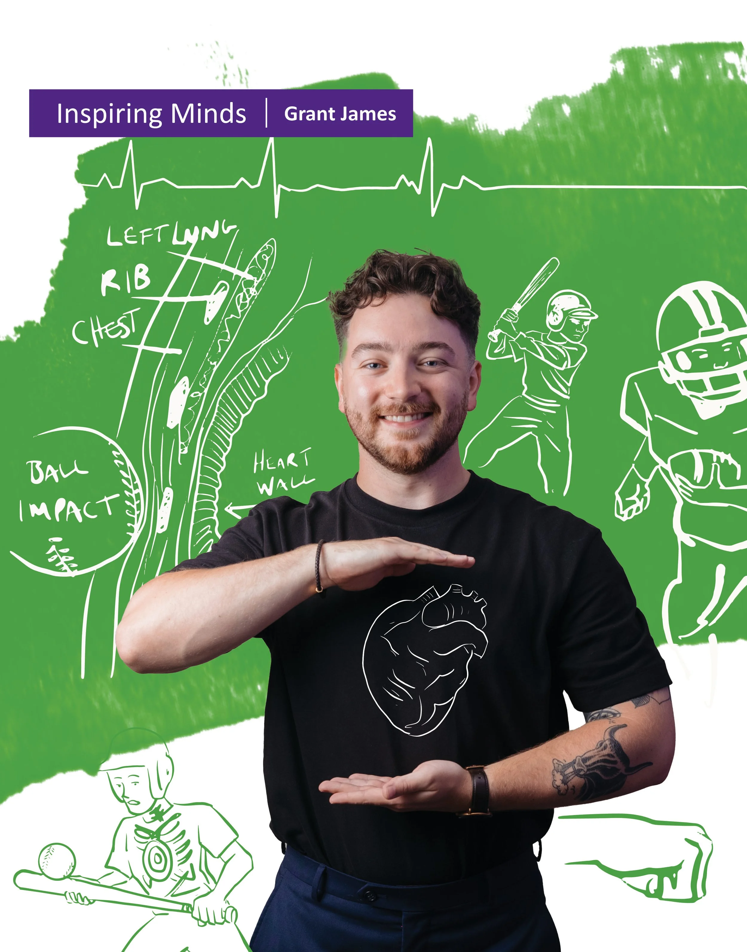 Young man with tattoos and short hairstyle, wearing a black t-shirt with a white line drawing of a brain, standing in front of a green illustrated background featuring sports and medical sketches, and a purple banner that reads 'Inspiring Minds | Grant James'.
