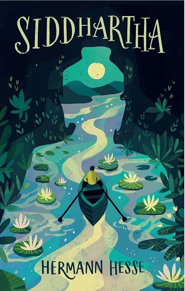Illustration of a person rowing a boat on a serene river surrounded by lush greenery, water lilies, and a glowing full moon in the sky, with the title 'Siddhartha' and author 'Hermann Hesse' at the top.