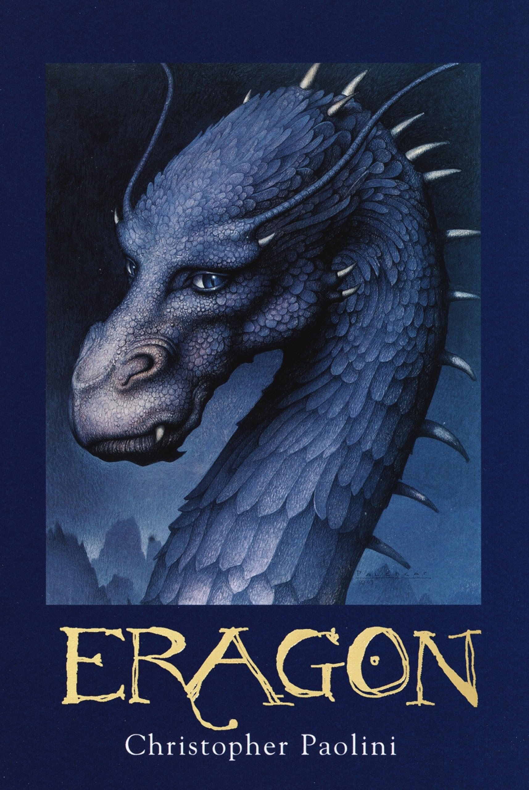 Book cover for 'Ereinion' by Christopher Paolini, featuring a detailed illustration of a blue dragon's head and neck with spiky scales, set against a dark background.