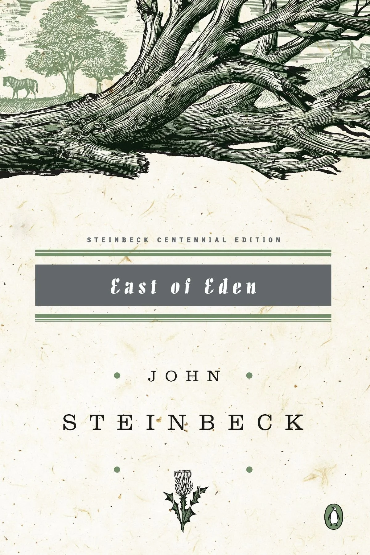 Book cover of 'East of Eden' by John Steinbeck, part of the Steinbeck Centennial Edition, featuring a sketch of a fallen tree with a landscape in the background.