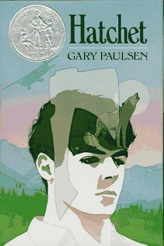 Cover of the book 'Hatchet' by Gary Paulsen featuring an illustrated young boy with a serious expression, a green landscape, and mountains in the background.