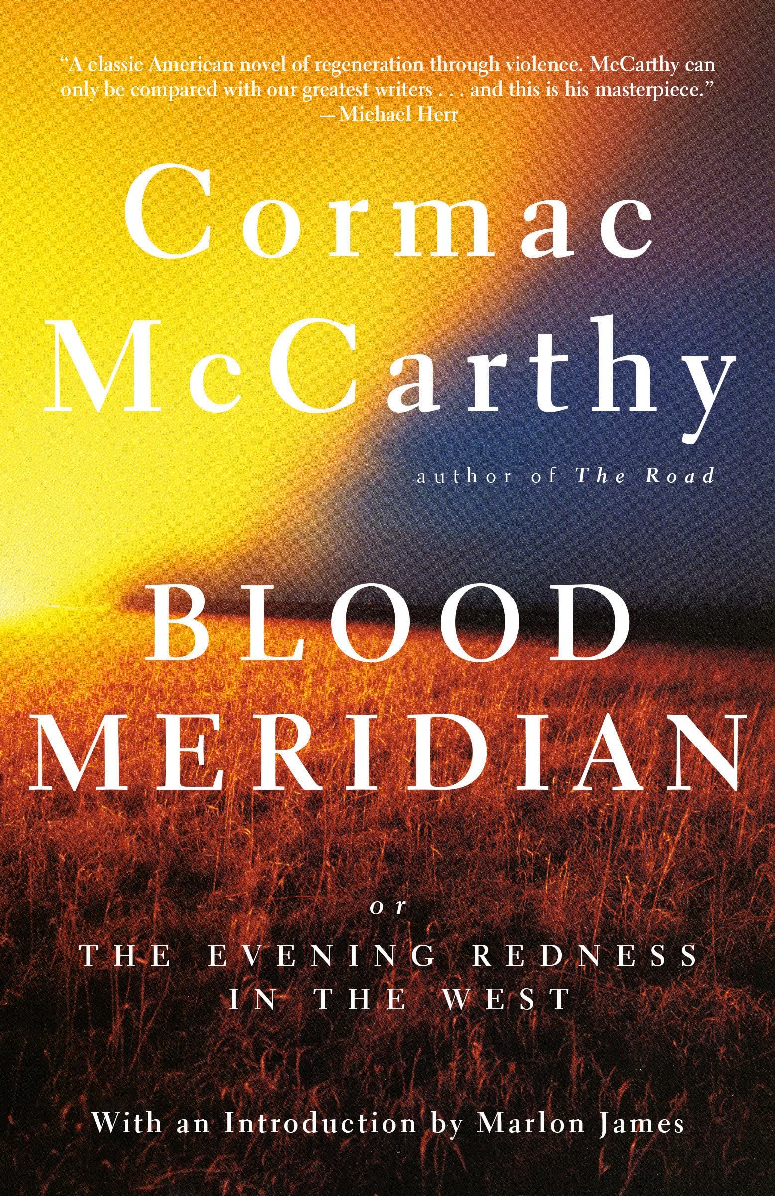 Book cover with a sunset over a wheat field, titled "Blood Meridian" by Cormac McCarthy, with an introduction by Marlon James.