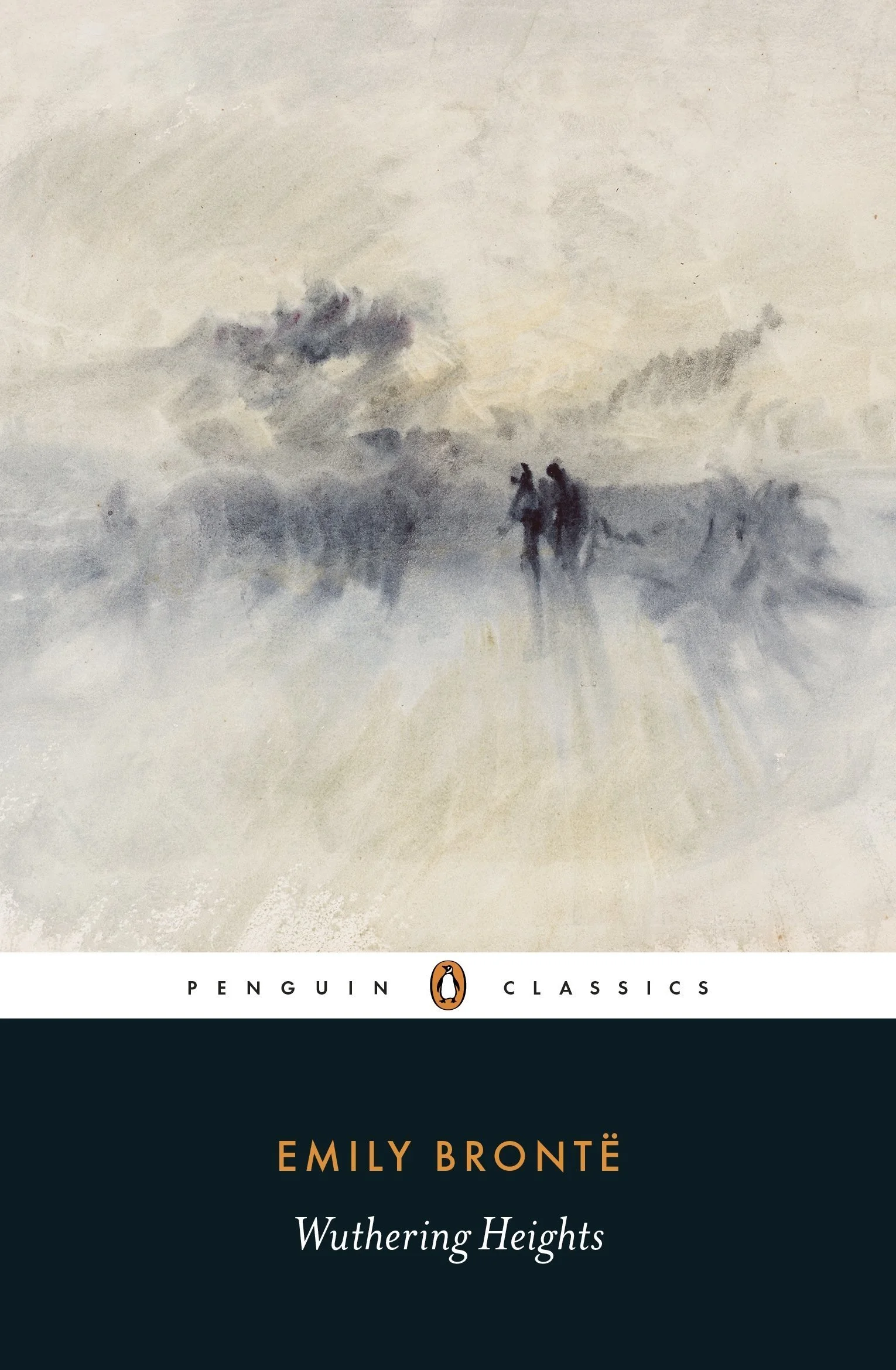 Book cover of Emily Brontë's 'Wuthering Heights' with a watercolor-style painting of two figures walking through a stormy, windswept landscape, with dark clouds and windblown trees.