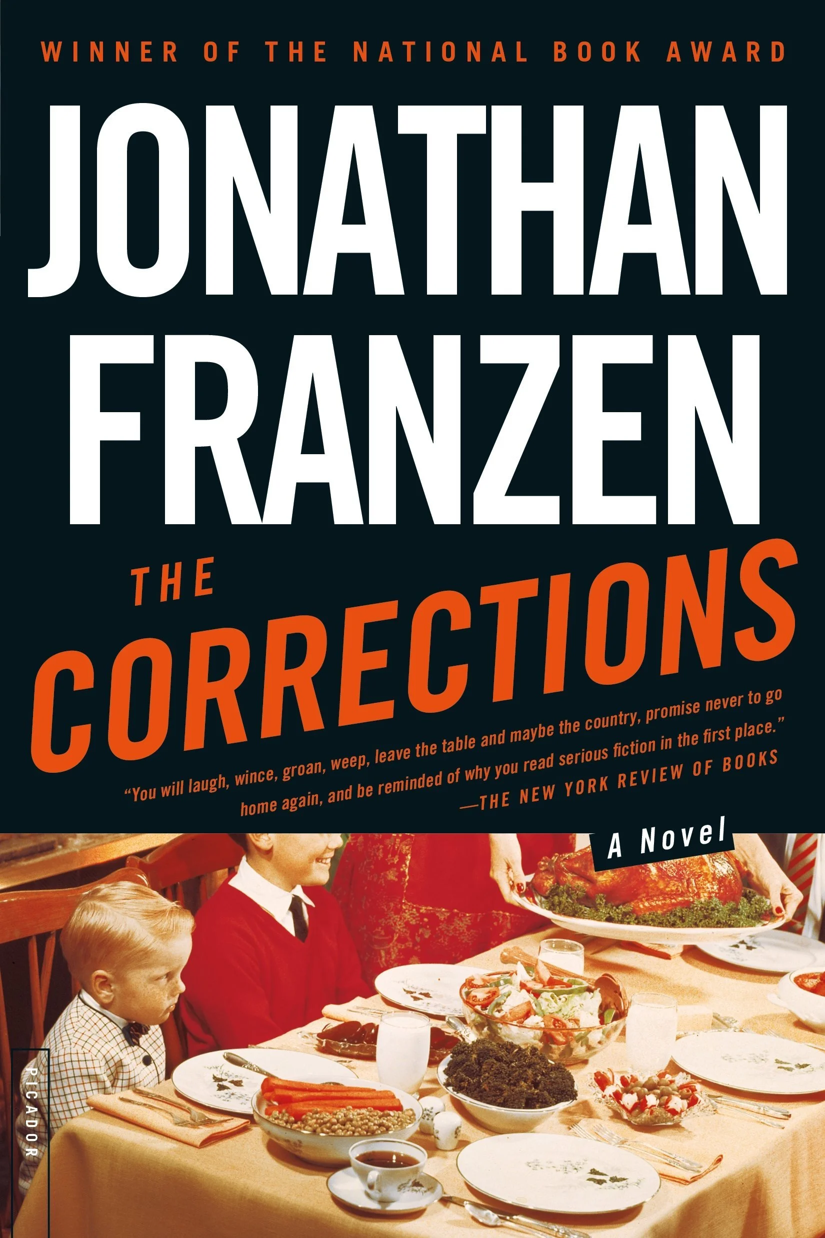 Book cover for 'The Corrections' by Jonathan Franzen featuring a family at a holiday gathering.