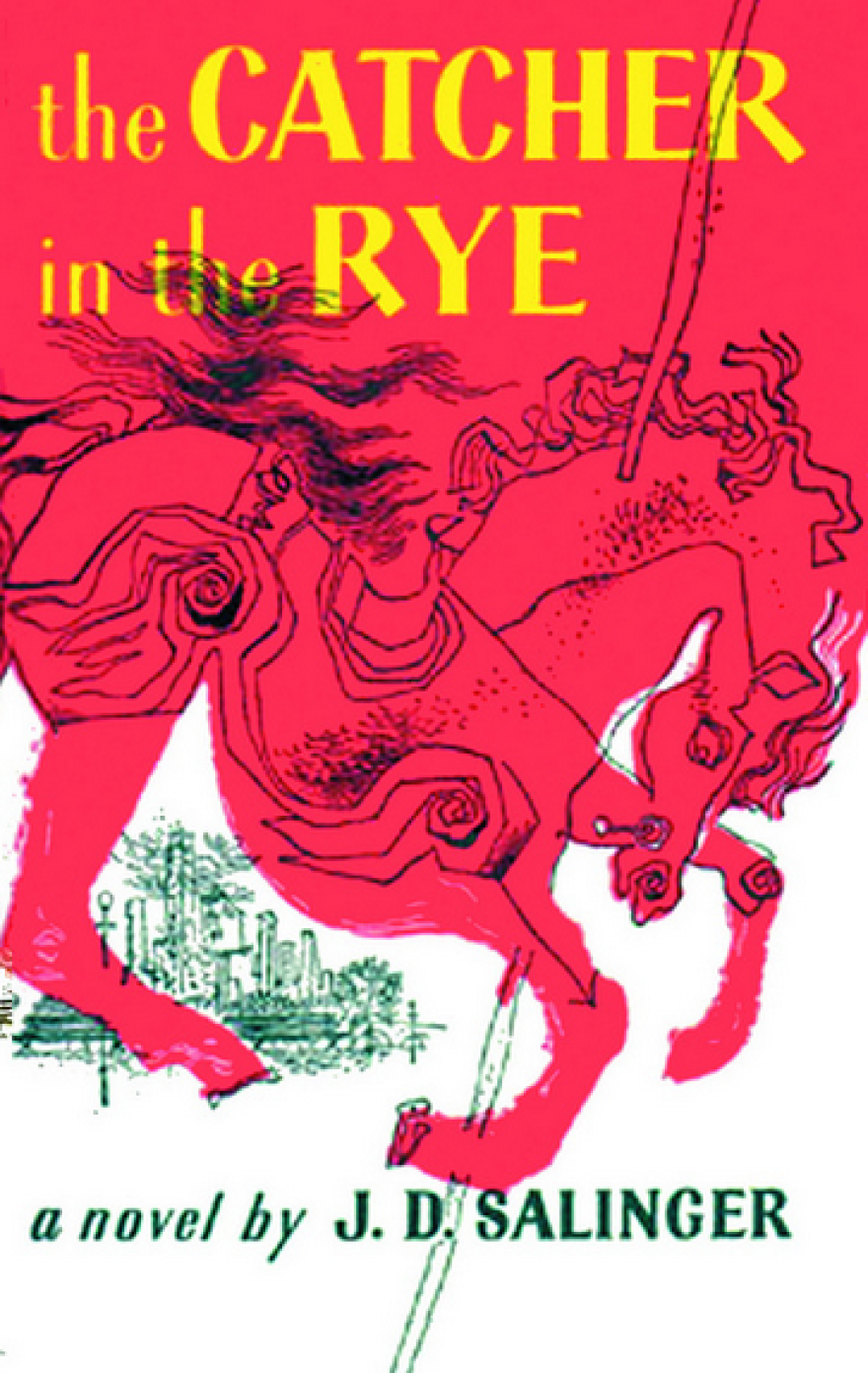 Cover of the book "The Catcher in the Rye" by J.D. Salinger featuring an illustration of a red-colored horse with a man riding it on a pink background.