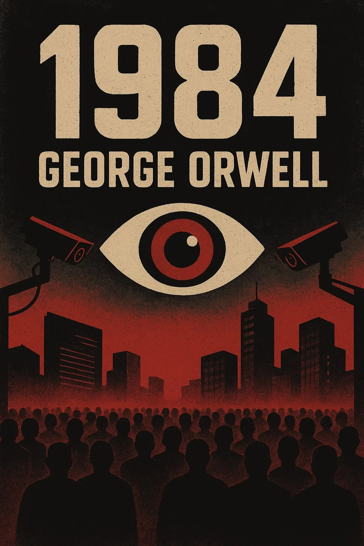 Cover of George Orwell's book '1984' featuring an eye, surveillance cameras, and a crowd of people in front of city buildings against a red background.
