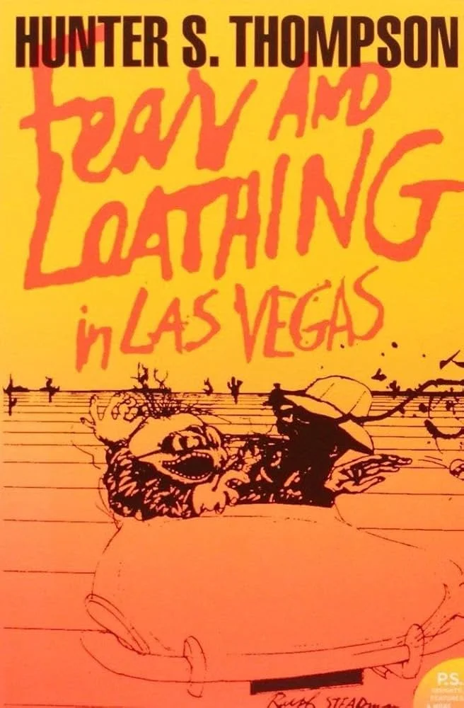 Book cover titled 'Fearn and Lathing in Las Vegas' by Hunter S. Thompson. The cover is yellow with the title in red handwritten-style text and the author's name in bold black uppercase letters. There is a sketch of a person in sunglasses, wearing a hat, lying back on a tire tube by a pool, with palm trees in the background.