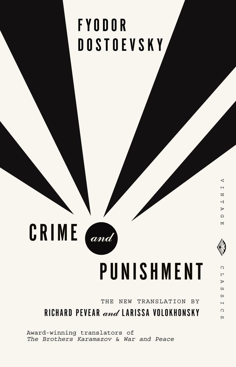 Book cover for 'Crime and Punishment' by Fyodor Dostoevsky, translated by Richard Pevear and Larissa Volokhonsky, with a black and white geometric design.
