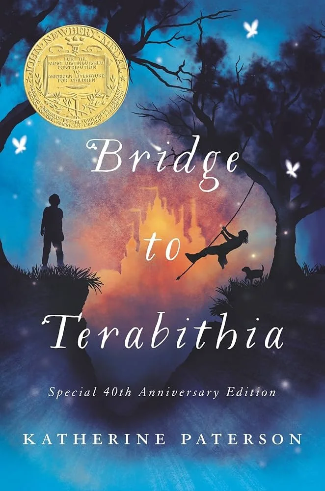 Book cover for 'Bridge to Terabithia' by Katherine Paterson. Features a silhouette of a boy and a girl on a swing hanging from a tree, with a dog nearby. The background depicts a colorful, dreamy sky with trees and a castle silhouette, under a night sky with white butterflies.