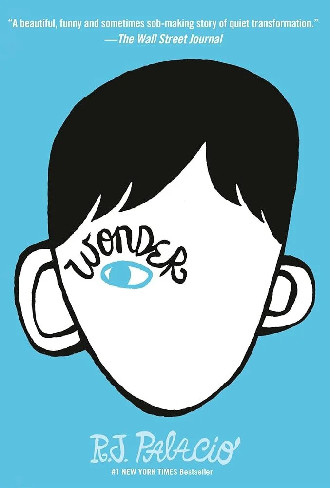 Book cover of "Wonder" by R.J. Palacio, depicting a face with no features, the word "wonder" written across the face's eye, and a quote from The Wall Street Journal at the top.