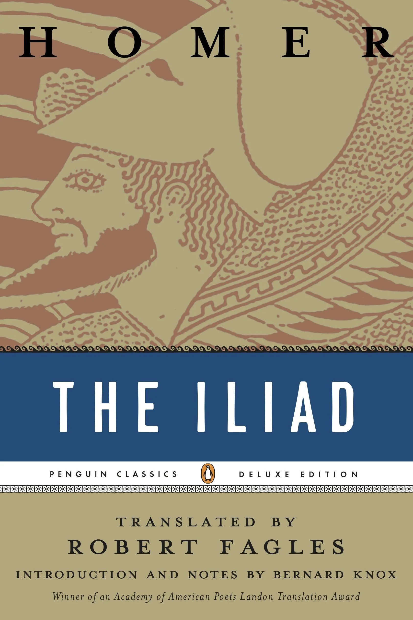 The cover of the book titled 'Homer: The Iliad,' translated by Robert Fagles, part of the Penguin Classics Deluxe Edition, featuring a line art illustration of a person's profile in a classical style.