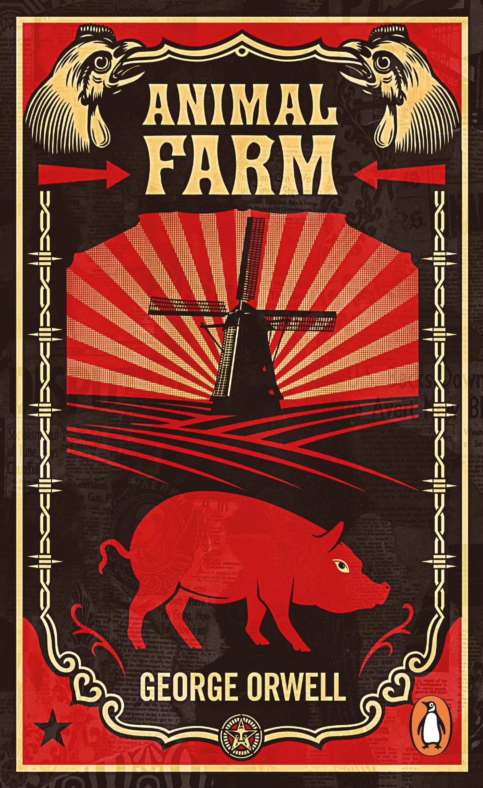 Book cover of George Orwell's "Animal Farm" featuring a red pig, a windmill, and decorative border elements with the Penguin logo