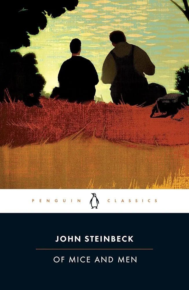Silhouette of two men sitting by a body of water during sunset, with trees framing the scene.
