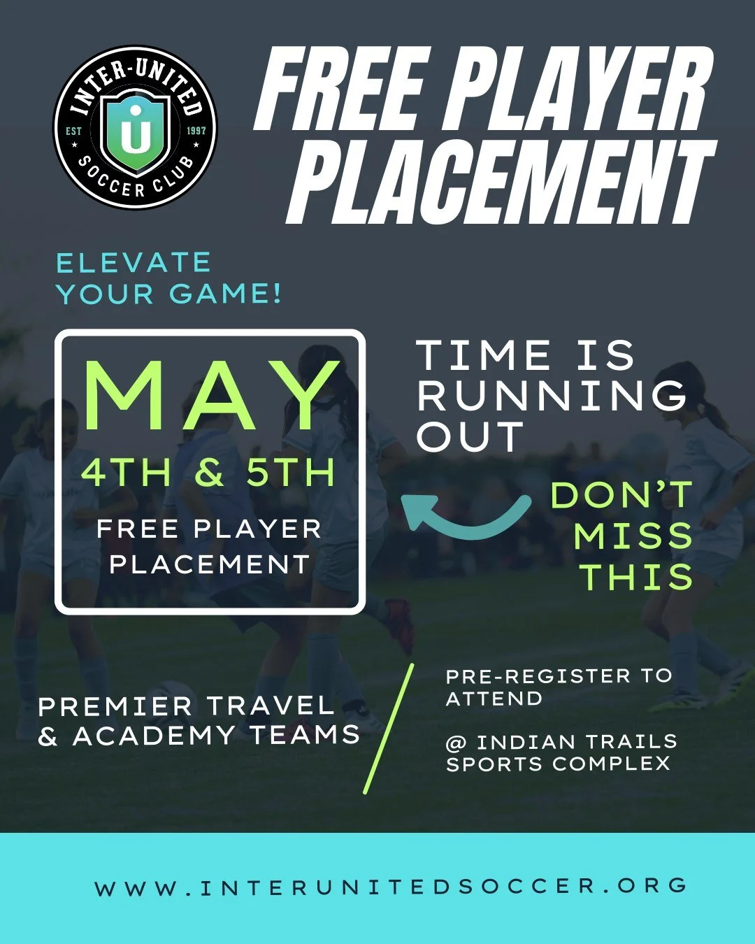 ⚽️ FREE Player Placement &ndash; This Week ⚽️

Join us May 4th &amp; 5th for a FREE nights of training with our iU Premier &amp; Academy crew.

📍 Indian Trails Sports Complex

Come train, compete, and elevate your game. 💙

👉 Pre-register now at ww