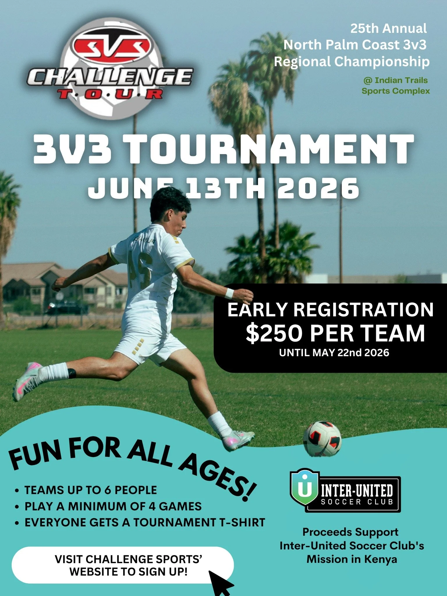⚽️ The Challenge Sports 25th Annual North Palm Coast 3v3 Regional Championship is almost here!

Join us June 13th, 2026 at Indian Trails Sports Complex for a full day of fast-paced 3v3 action, fun competition, and community impact. 🌴🔥

✅ Teams up t